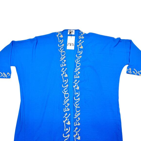Zara Abaya Gold Arabic Calligraphy Embroidery Size Small Blue New with Tag - Picture 2 of 6